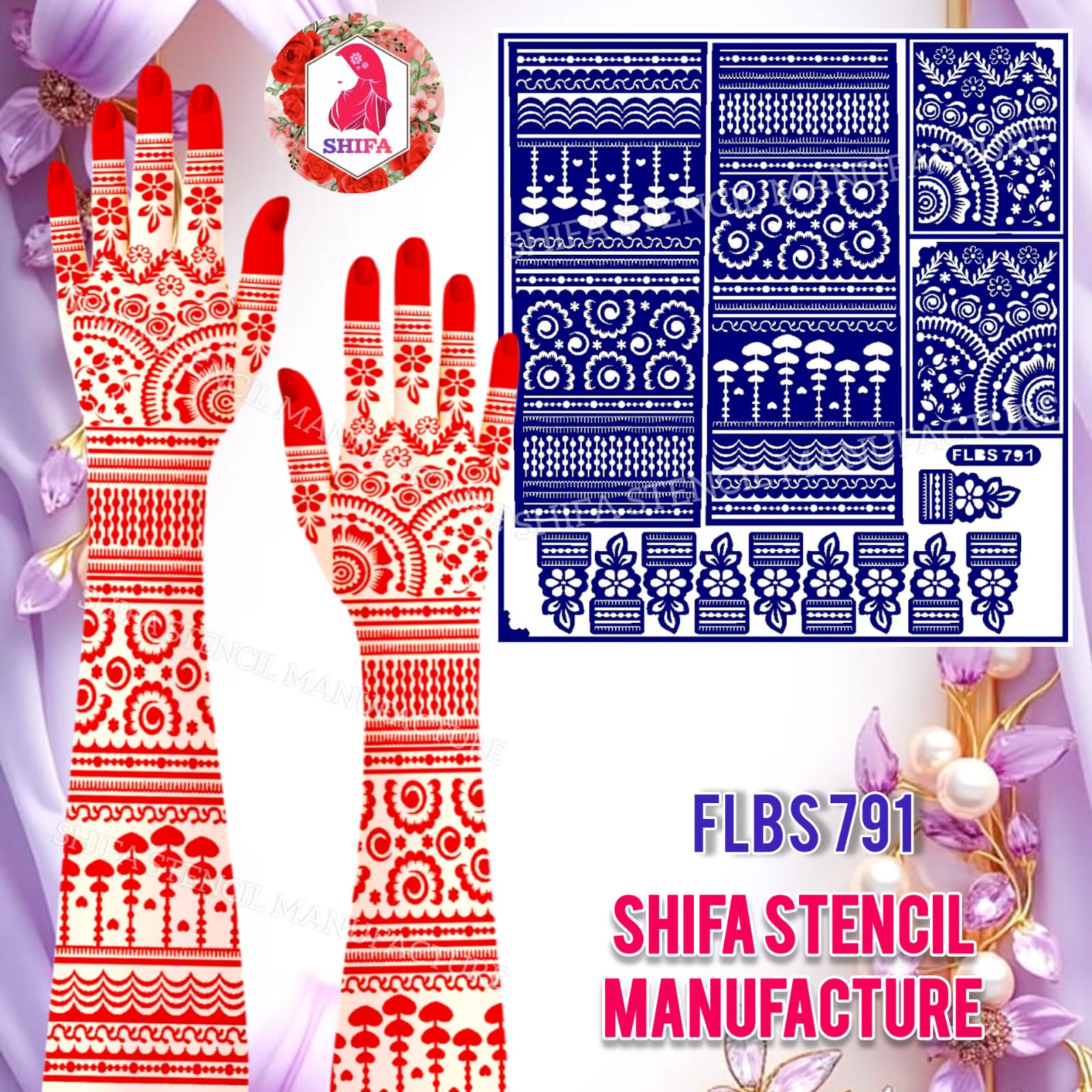 FLBS 791 Festive Floral Band Mehndi Sticker Overview Henna Stencil - Shifa Stencil